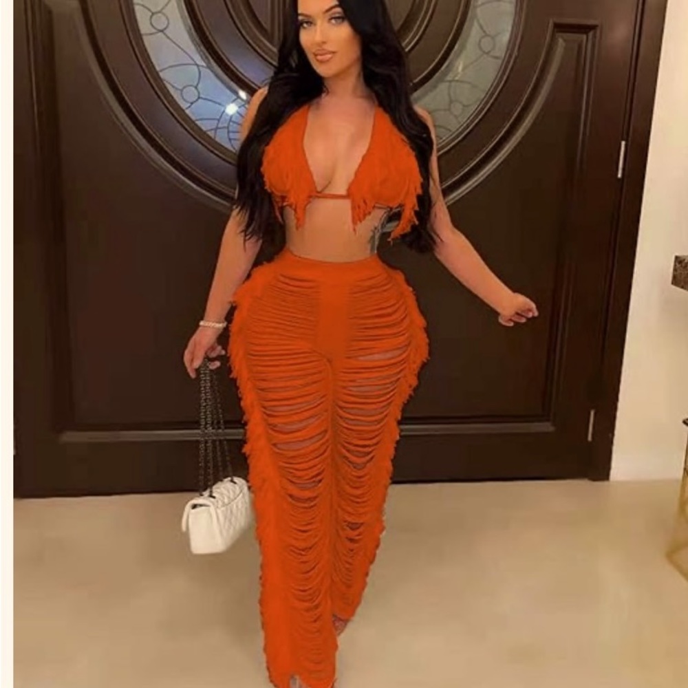 2 Piece Outfit Women Swimsuit BeachCoverUp Crochet Tassels Halter Top Pants Set